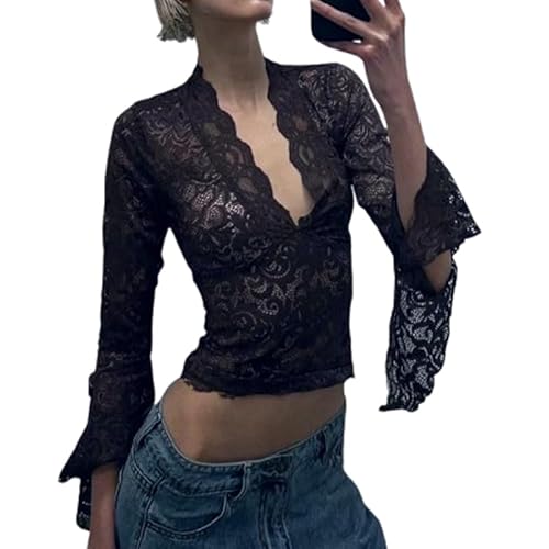 fdsmall Damen Spitze Tops V-Ausschnitt Langarm Shirts Floral Mesh Langarm Crop Top Slim Fit Trendy Spitze Y2K Ausgehen Crop Top (DE/NL/SE/PL, Alphanumerisch, M, Regular, Regular, Black) von fdsmall