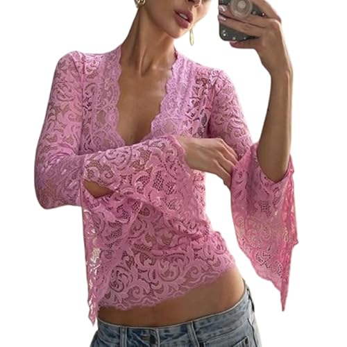 fdsmall Damen Spitze Tops V-Ausschnitt Langarm Shirts Floral Mesh Langarm Crop Top Slim Fit Trendy Spitze Y2K Ausgehen Crop Top (DE/NL/SE/PL, Alphanumerisch, M, Regular, Regular, Pink) von fdsmall