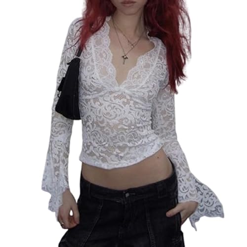 fdsmall Damen Spitze Tops V-Ausschnitt Langarm Shirts Floral Mesh Langarm Crop Top Slim Fit Trendy Spitze Y2K Ausgehen Crop Top (DE/NL/SE/PL, Alphanumerisch, M, Regular, Regular, White) von fdsmall