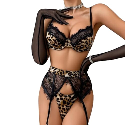 fdsmall Damen Spitze Unterwäsche Set, Leopard Druck 4-Teile Ausschnitt Spitze BH & Knickers Keine Strümpfe mit Handschuhen (Leopard, S) von fdsmall
