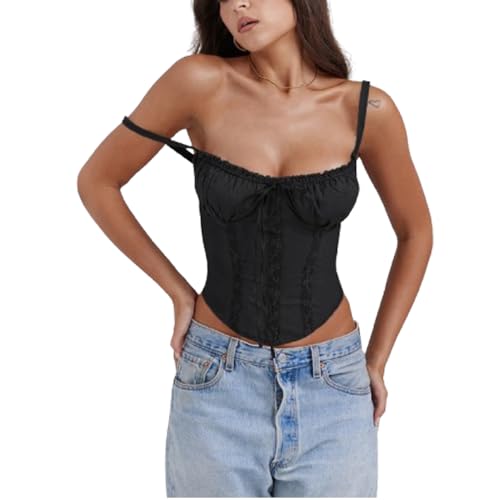 fdsmall Damen Tops - Quadrathals Cami Body Shaper für Frauen, Sommer Spitze Krawatte Sexy Going Out Tank Crop Y2K Mode Top (DE/NL/SE/PL, Alphanumerisch, XL, Große Größen, Regular, Schwarz) von fdsmall