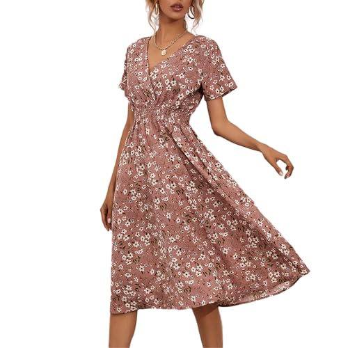 fdsmall Damen V Wrap Kleid Kurzarm V Neck Wrap Sommerkleid Midi Casual Floral Sundress A Line Kleid Strandkleid für Frauen Mädchen (DE/NL/SE/PL, Alphanumerisch, S, Regular, Regular, Pink) von fdsmall