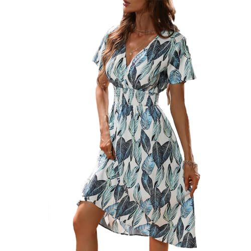 fdsmall Damen V Wrap Kleid Kurzarm V Neck Wrap Sommerkleid Midi Casual Floral Sundress A Line Kleid Strandkleid für Frauen Mädchen von fdsmall