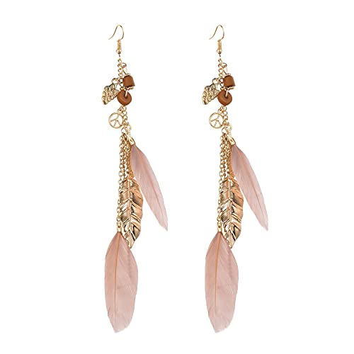 fdsmall Faux Feder Ohrringe Böhmische Fransen Ohrringe Quaste Lange Tropfen Dangle Ohrringe Set Ethnische lange bunte Feder Fringe Ohrringe für Frauen (Pink) von fdsmall