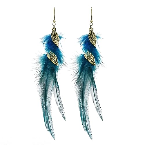 fdsmall Feder Ohrringe für Frauen Faux Feder Ohrringe Feder Böhmische Fransen Ohrringe Quaste Lange Tropfen Dangle Ohrringe Set Ethnische lange bunte Feder Fringe Ohrringe für Frauen (Blue) von fdsmall