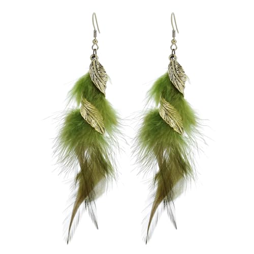 fdsmall Feder Ohrringe für Frauen - Böhmische Fransen Quaste Lange Tropfen Dangle Set - Ethnische Bunte Faux Feder Ohrringe (Green) von fdsmall