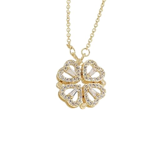 fdsmall Frauen 2 in 1 Kleefel Charme Glück Halskette aushohlen vier Blatt Herz Kristall Anhänger Halskette Dainty Schmuck (Rose Gold) von fdsmall