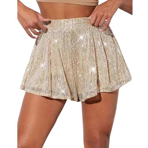 fdsmall Frauen Funkelnde Shorts, Pailletten Hosen gefälschte Röcke Glitter Hohe Taille Funkelnde Kurze Kostüm für Tanz Party Club (DE/NL/SE/PL, Alphanumerisch, S, Regular, Regular, Champage) von fdsmall