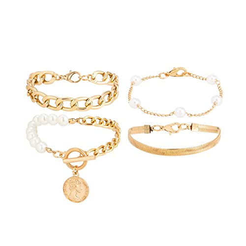 fdsmall Gold Chain Link Armband Set für Frauen: Real Gold überzogene Perlenarmband & Schlange Armband Paperclip Link Kette Armbänder Stapelbar - Trendy Schmuck für Frauen (02) von fdsmall