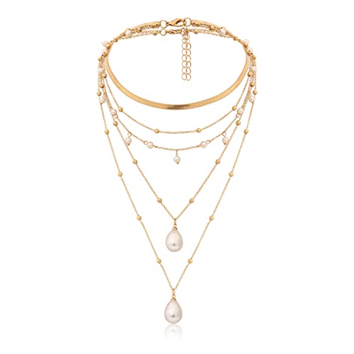 fdsmall Halsketten für Frauen Boho 14k Gold überzogene handgemachte Perlen Kette Layered Halskette zierliche Perle Anhänger Link Kette Choker Halskette Schmuck Geschenk für Frauen und Mädchen (Gold) von fdsmall