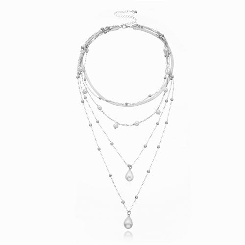 fdsmall Halsketten für Frauen Boho 14k Gold überzogene handgemachte Perlen Kette Layered Halskette zierliche Perle Anhänger Link Kette Choker Halskette Schmuck Geschenk für Frauen und Mädchen (Silver) von fdsmall