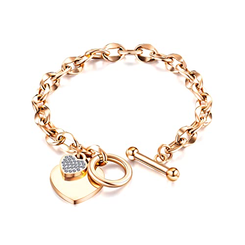 fdsmall Herz Charm Armband für Frauen zierlich einstellbar 14k Gold überzogene Strass Liebe Kreise Armband Kette Link Schmuck Geschenk für Frauen und Mädchen (Roségold) von fdsmall