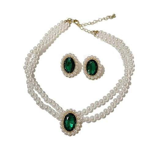 fdsmall Hochzeit Suite Perlen Choker Halskette 2-Reihen Choker Simulierte Perle Rhodium überzogene Eleganz Charm Frauen Halskette Multi Layer Choker Perle Ohrringe mit Kristall Halskette Ohrring Set von fdsmall