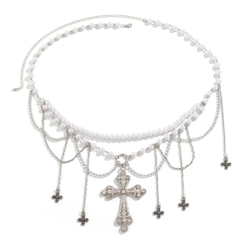 fdsmall Kettengürtel für Frauen, Perlen verstellbar Gold Metall Link Gürtel Retro Taille Kettengürtel Kreuz Anhänger Multilayer Taille Kette für Hochzeits Jeans Kleid von fdsmall