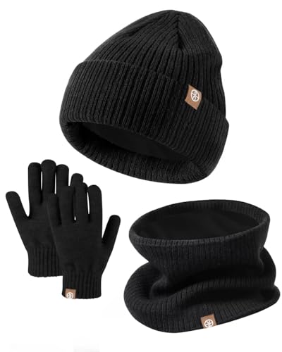 fdsmall Kinder Mütze Hut Schal Handschuh Set, warme gestrickte Mütze Hut Schal und Handschuhe Set Thermal Hut Fleece gefütterte Herren Winter Hut Nackenwärmer mit Touchscreen Handschuhe (Black) von fdsmall