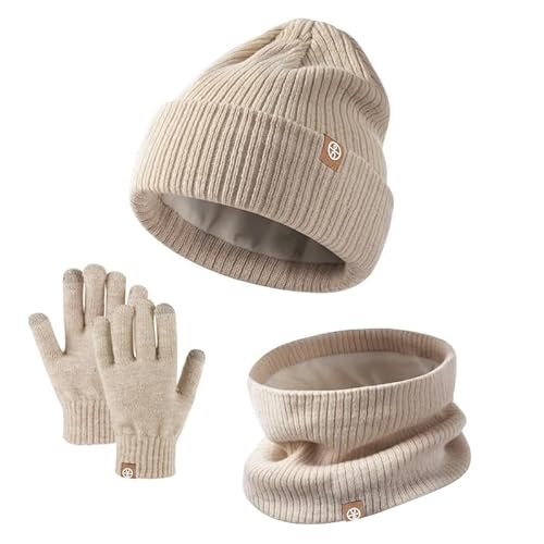 fdsmall Kinder Mütze Hut Schal Handschuh Set, warme gestrickte Mütze Hut Schal und Handschuhe Set Thermal Hut Fleece gefütterte Herren Winter Hut Nackenwärmer mit Touchscreen Handschuhe (Khaki) von fdsmall