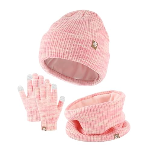 fdsmall Kinder Mütze Hut Schal Handschuh Set, warme gestrickte Mütze Hut Schal und Handschuhe Set Thermal Hut Fleece gefütterte Herren Winter Hut Nackenwärmer mit Touchscreen Handschuhe (Pink) von fdsmall