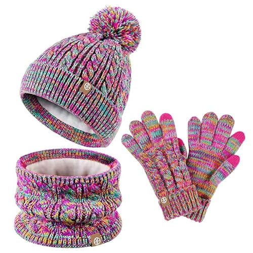 fdsmall Kinder Winter Hut Schal und Handschuhe Set, 3pcs gestrickte Wärme Häkeln Dicke flauschige Gaiter Snood Schal Hut Zwei Finger Touchscreen Handschuhe Set mit Kunstfell (Rainbow) von fdsmall