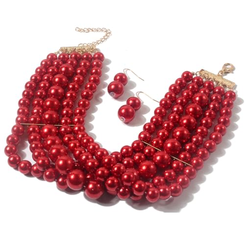 fdsmall Layered Pearl Choker Halskette 5Rows Choker Simulierte Perle Rhodium überzogene Eleganz Charm Frauen Halskette Hochzeit Suite Perlen Choker Halskette für Party mit Ohrringen(Red) von fdsmall