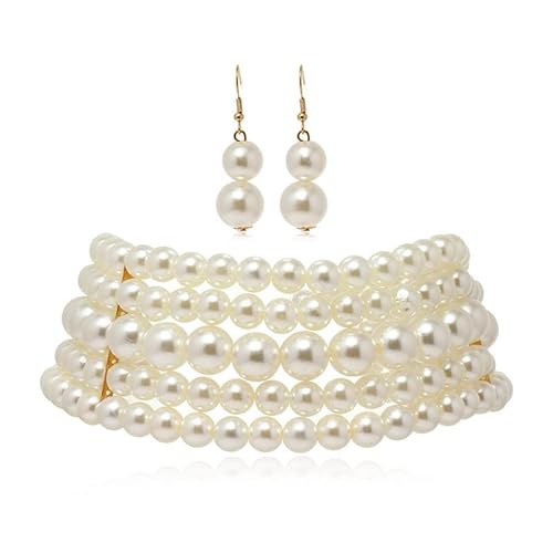 fdsmall Layered Pearl Choker Halskette 5Rows Choker Simulierte Perle Rhodium überzogene Eleganz Charm Frauen Halskette Hochzeit Suite Perlen Choker Halskette für Party mit Ohrringen -Weiß (White) von fdsmall