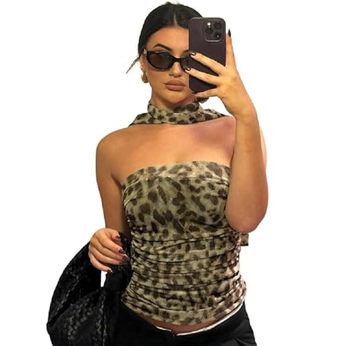 fdsmall Leopard Print Tube Top für Frauen Leopard Print Tube Top Geparden Print Top Rüschen Trägerlose Mesh Halter Tops Rückenlos Off Tops (DE/NL/SE/PL, Alphanumerisch, S, Regular, Regular, Yellow) von fdsmall