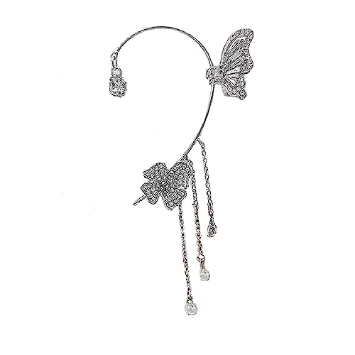 fdsmall Ohrmanschetten für Frauen Nicht Piercing 2pcs CZ Cubic Zirkon Dangle Ohrringe Schmetterling Blume Ohr Clip Climber Wrap Around Ohrringe Silber Ohrschmuck Geschenk für Frauen (Silber) von fdsmall