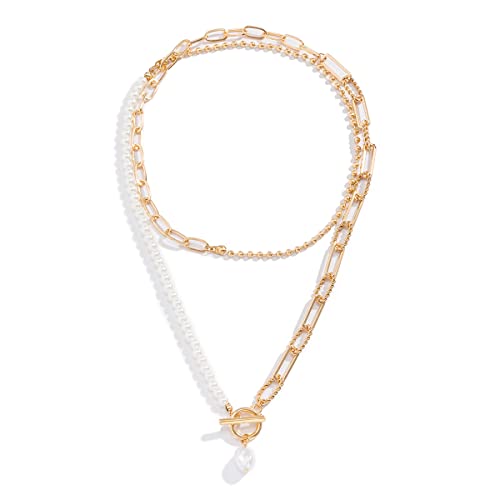 fdsmall Punk Layered Halsketten Gold Kubanische Chunky Chain Paperclip Choker Multi-Layer Kette Halskette Perle Anhänger Chunky Halsketten Sparkling Kristall Schmuck Geschenk für Frauen (Gold) von fdsmall