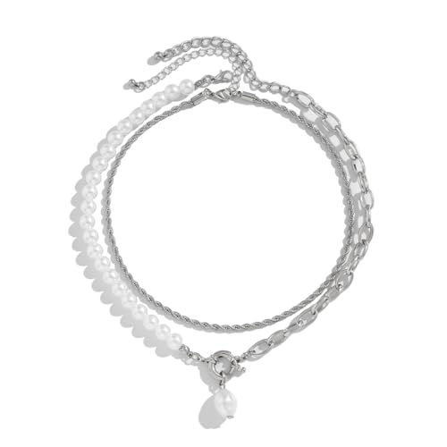 fdsmall Punk Layered Halsketten Gold Kubanische Chunky Chain Paperclip Choker Multi-Layer Kette Halskette Perle Anhänger Chunky Halsketten Sparkling Kristall Schmuck Geschenk für Frauen (Silver) von fdsmall