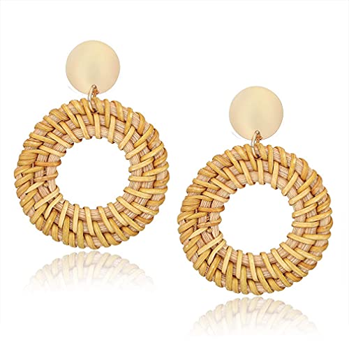fdsmall Rattan Ohrringe Quaste Ohrringe Leichte Geometrische Gewebte Böhmische Ohrringe Erklärung Handgemachte Stroh Wicker Braid Hoop Drop Dangle Ohrringe für Frauen Mädchen (02) von fdsmall