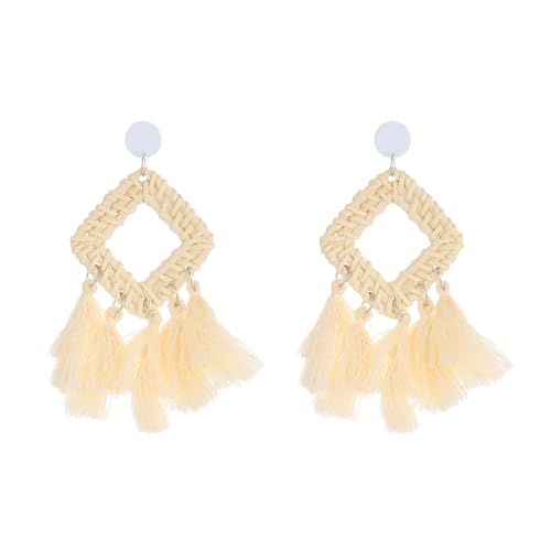 fdsmall Rattan Ohrringe Quaste Ohrringe Leichte Geometrische Gewebte Böhmische Ohrringe Erklärung Handgemachte Stroh Wicker Braid Hoop Drop Dangle Ohrringe für Frauen Mädchen (03) von fdsmall
