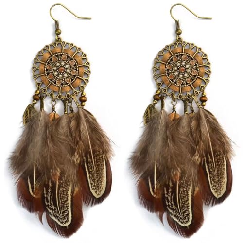 fdsmall Retro Feder Tropfen Ohrringe Faux Feder Ohrringe Böhmische Fransen Ohrringe Quaste Baumeln Ohrringe Feder Ohrringe mit Blatt und Seil Anhänger und Runde Traumfänger Ohrringe (02) von fdsmall