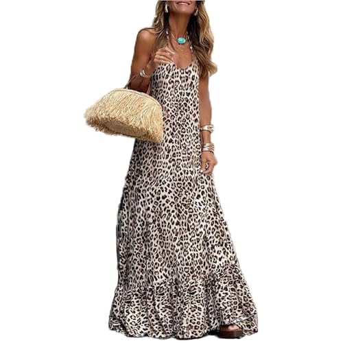 fdsmall Sommer Midi Kleid für Frauen Leopard Print Halter Tiefe V-Ausschnitt Rückenlose Ärmellose A-Linie Boho Beach Maxi Kleid (DE/NL/SE/PL, Alphanumerisch, S, Regular, Regular, Braun) von fdsmall