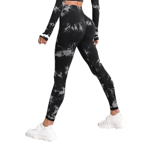 fdsmall Tie Dye Yoga Leggings Nahtlose High Waisted Yoga Hose Bauchkontrolle Butt Lifting Gym Leggings Workout Sport Tights für Gym Outdoor (DE/NL/SE/PL, Bundweite, L, Große Größen, Extra Tall, Black) von fdsmall