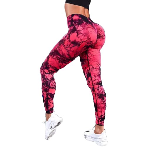 fdsmall Tie Dye Yoga Leggings Nahtlose High Waisted Yoga Hose Bauchkontrolle Butt Lifting Gym Leggings Workout Sport Tights für Gym Outdoor (DE/NL/SE/PL, Bundweite, M, Regular, Tall, Red&Black) von fdsmall