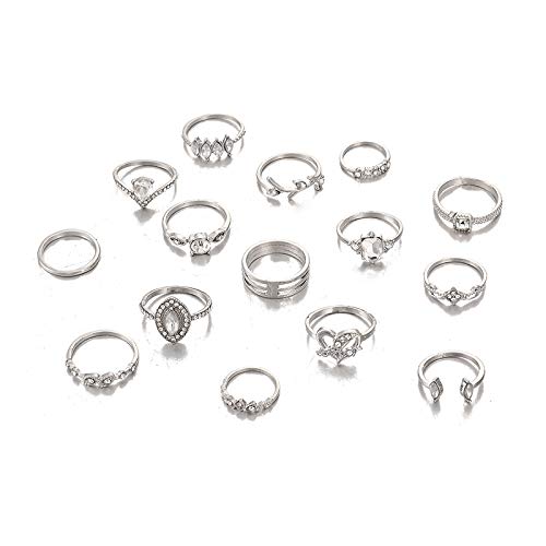 fdsmall Vintage Edelstein Ring Sets, 15pcs Silber Kristall Knuckle Stapeln Ringe Boho Blume Mond Mid Ringe Herz Welle Twist Kette Finger Ring Mid Ringe Schmuck für Frauen von fdsmall