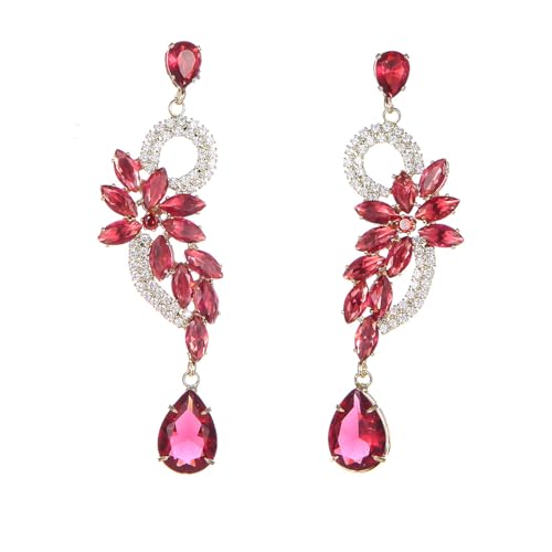 fdsmall Vintage Kristall Träne Ohrringe Frauen Bohemian Boho Kristall Blume Hochzeit Dangle Ohrringe Silber Cubic Cz Drop Ohrringe Teardrop Bling Dangle Ohrringe Schmuck für Frauen (Red) von fdsmall