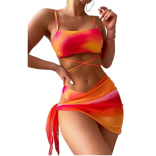 fdsmall Women's Bikini Set Low Waist String Triangle Bikini with Skirt 3 Piece Bikini Swimsuit Tie Dye High-Cut Swimwear Swimming Trunks (DE/NL/SE/PL, Alphanumerisch, L, Regular, Regular, Orange) von fdsmall