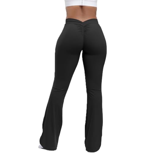 fdsmall Frauen ausgestellte Leggings Bootcut Yoga Hosen High Waisted gerippte Sport Laufen Leggings Workout Gym Dance Damen Yoga Hosen (DE/NL/SE/PL, Bundweite, S, Slim, Tall, Black) von fdsmall