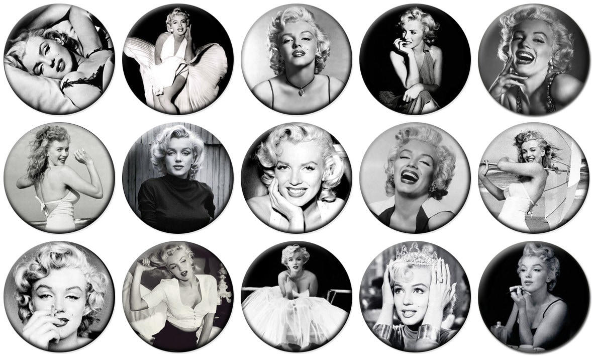 1 "- Marilyn Monroe - Schwarz & Weiß Set 2 Lot Von 15 Knöpfe Pin-Button Zurück von feather4567