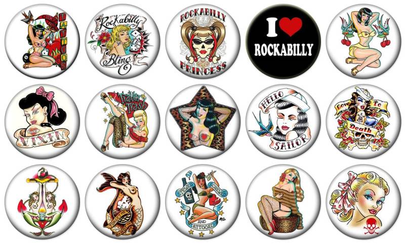 1"- Rockabilly Chick - Lot Von 15 Buttons Pin Zurück Button Badge von feather4567