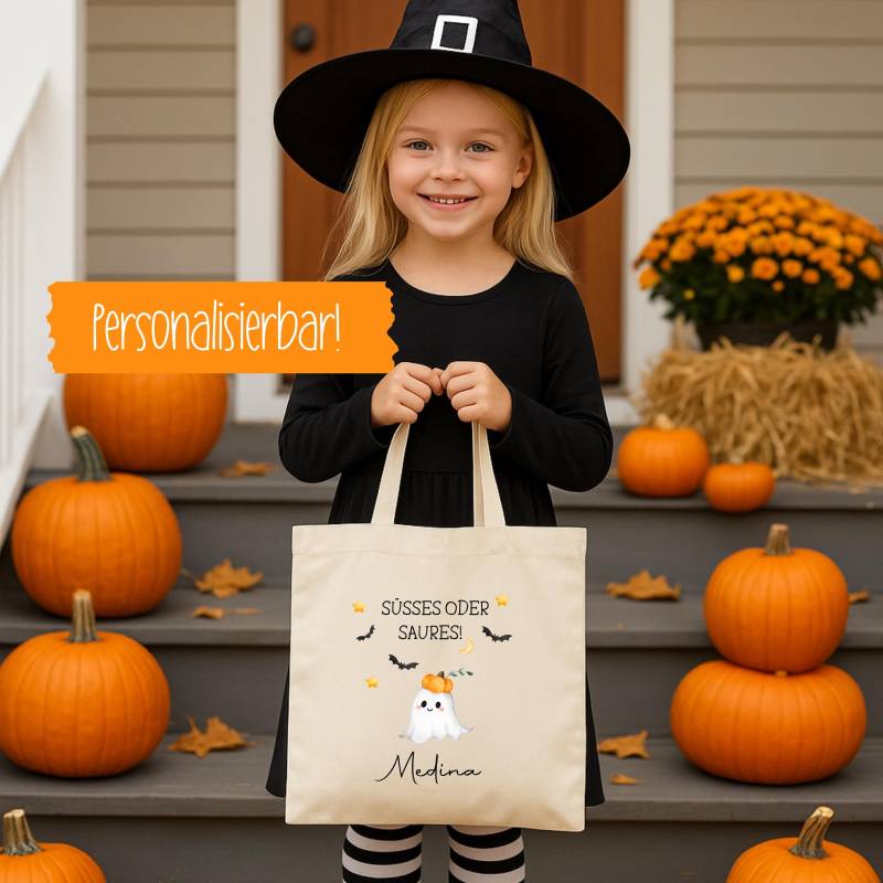 Halloween Jutebeutel Kinder Mit Namen, Süßes Oder Saures Jutebeutel, Stoffbeutel Süßigkeiten, Kostüm Accessoire von federgoldShop