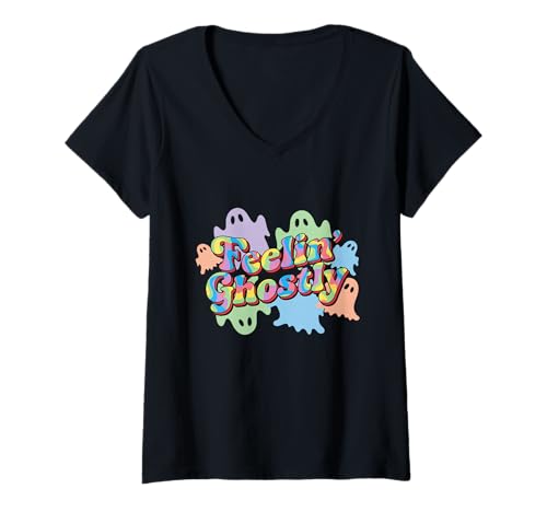 Damen Feeling Ghostly Bunte Geister Retro T-Shirt mit V-Ausschnitt Damen Feeling Ghostly Bunte Geister Retro T-Shirt mit V-Ausschnitt von feelin ghostly halloween retro pastel humor