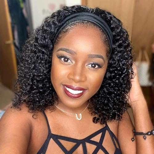 Perücke Stirnband Natürliches Echthaar Deep Wave 12 Zoll Human Hair Headband Wig Perfektes Damen Lockiges Haar Lang Brasilianisch Perfekt für Schwarze Frauen Tiefes Lockiges Echthaar von feibin