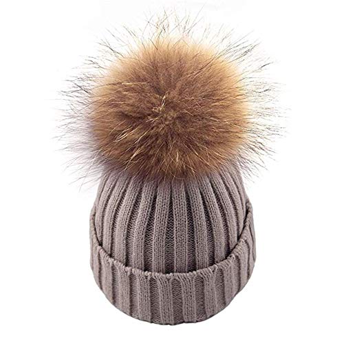 feifanshop Damen Echtfell Waschbär Fell Pelz Bommel Strick Mütze Winter-Mütze Bommelmütze von feifanshop