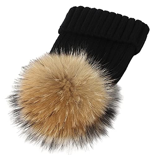 feifanshop Damen Echtfell Waschbär Fell Pelz Bommel Strick Mütze Winter-Mütze Bommelmütze von feifanshop