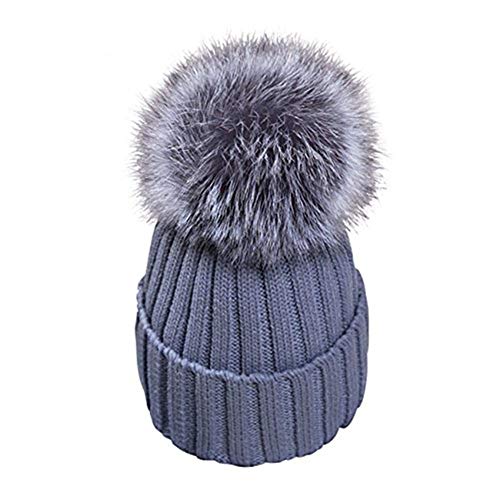 feifanshop Damen Mütze Strickmütze mit Fellbommel Fuchspelz Echtfell Fell Pelz Bommel Strick Mütze Winter-Mütze Bommelmütze (grau) von feifanshop