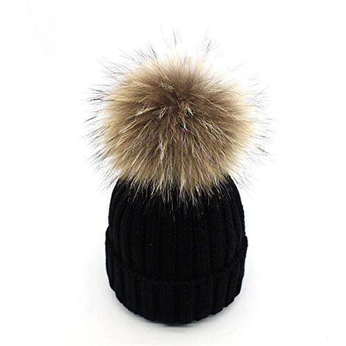 feifanshop Warm Mütze Pelz Bommel Echtpelz Waschbär Ski-Mütze Fellbommel Pelzbommel Raccoon (Schwarz) von feifanshop