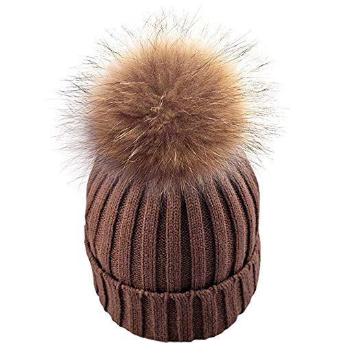 feifanshop Warm Mütze Pelz Bommel Echtpelz Waschbär Ski-Mütze Fellbommel Pelzbommel Raccoon (braun) von feifanshop