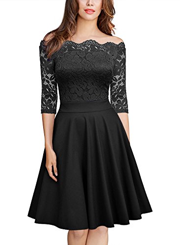 feifanshop Damen 50s Retro Schwingen Vintage Rockabilly Kleid, Off Schulter Spitzenkleid Abendkleid Cocktailkleid Blumen Spitzen Ballkleid Party Cocktail Kleid Gr 34-48 von feifanshop