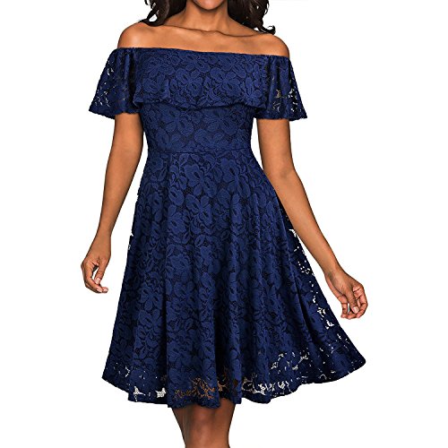 feifanshop Damen 50s Vintage Damen Elegant Off Schulter Abendkleid Cocktailkleid Schulterfreies Knielang Festlich Cocktail Party Rockabilly Kleid Spitzenkleid von feifanshop